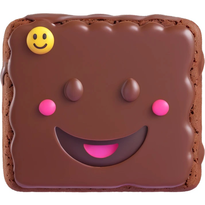 3D chocolate brownie with a smiley face, realistic depth, shiny chocolate glaze, emoji style emoji