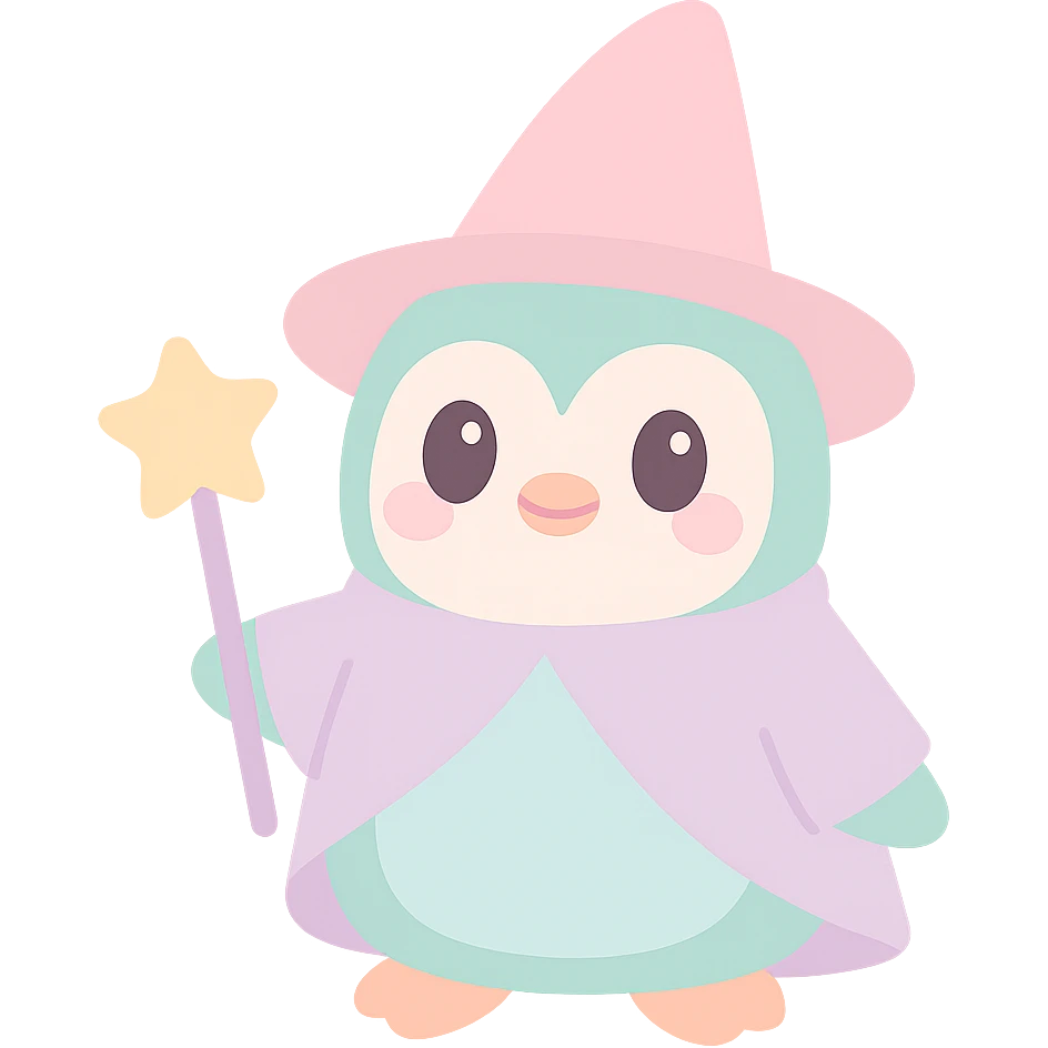 a penguin dressed as a wizard, with a pointy hat and a magic staff, cute and whimsical style emoji