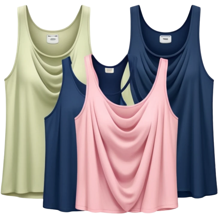 Multiple tank tops, one cream one cream one sage green one navy blue one pink emoji