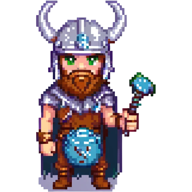 viking gamer, pixel art style, horned helmet, holding a joystick, retro vibe emoji