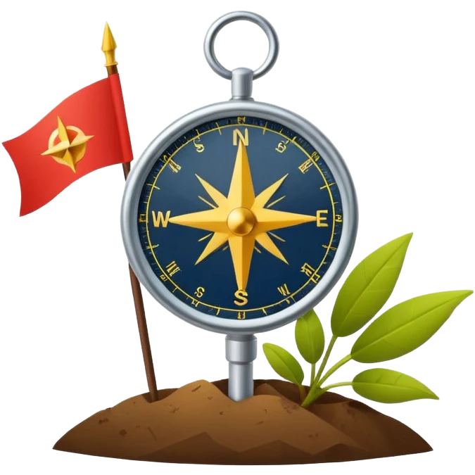 A minimal emoji of a compass pointing toward a planted flag. Flat design, confident colors, modern emoji style. Represents choosing direction and seeing it through to completion. Avoid corporate or motivational poster aesthetics. emoji