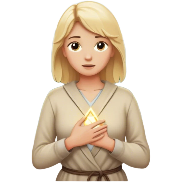back of a blonde woman in front of a 2 crossroads paths ..places a hand on their chest, the light path, their decision to respond instead of react with peace. light trail on mountains.. rock mountain emoji