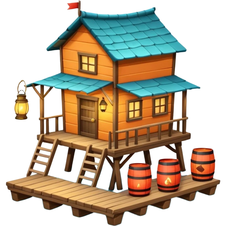 
fisherman house on a wooden pier, small dock, fishing nets hanging, barrels, lantern, ocean vibe, 3D cartoon, cute mobile game icon, clean background, no text
 emoji