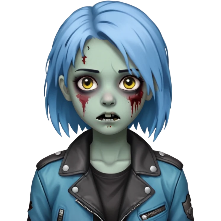 zombie teen girl with ashy blue hair, eye color black, grunge style or leather jacket emoji emoji