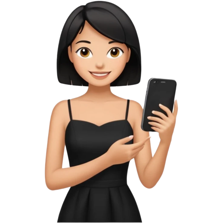 black short shoulder length hair tanned woman, black dress doing girly things emoji