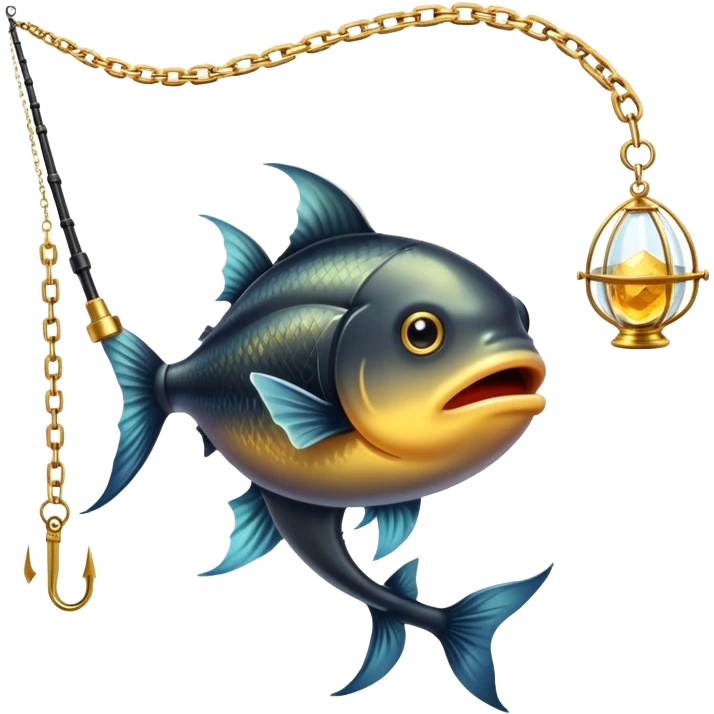 black magical fishing rod with gold chains and gold aura fishing a gold anglerfish emoji