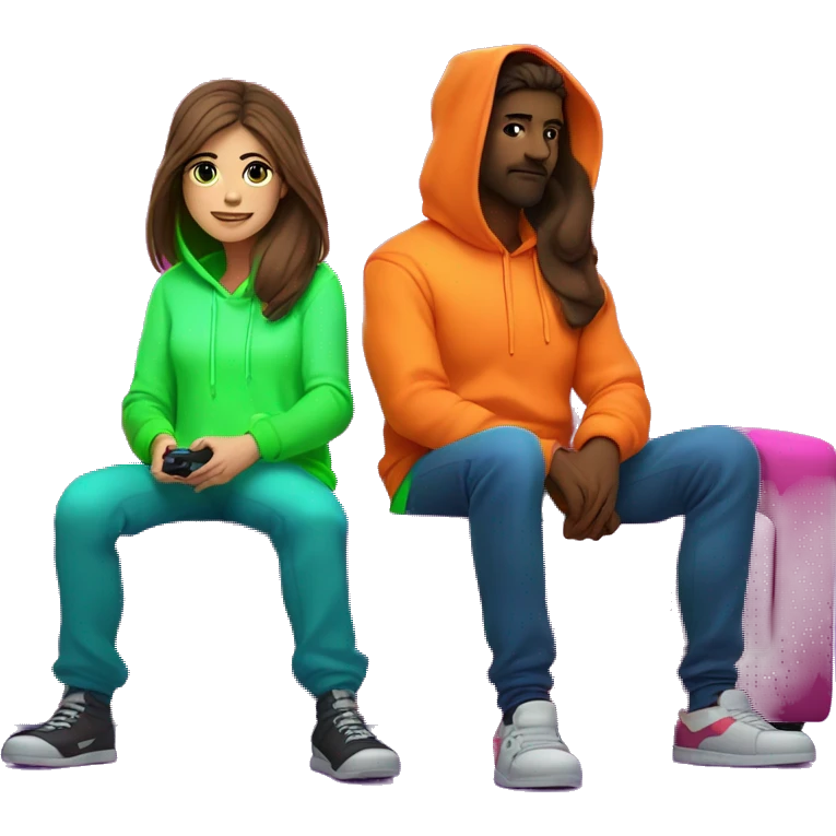 Female girl with long brown hair in neon hoodie .gaming with male guy shaved brown hair and short scruff with neon hoodie . Sitting on a sofa with a TV in a gamer neon room.  emoji