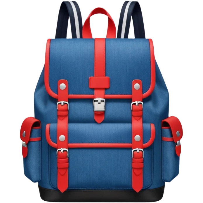 Minimalist emoji-style icon of a stylish blue denim backpack with a flap top, two vertical black buckle straps, a large red-white-navy horizontal block in the center, and two zipper side pockets. Inspired by Tommy Jeans design. Front view, cartoon-like, clean design.

 emoji