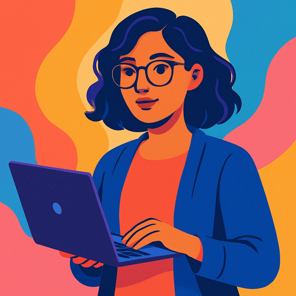 a woman wearing spectacles and holding a laptop, modern illustration style, vibrant colors emoji