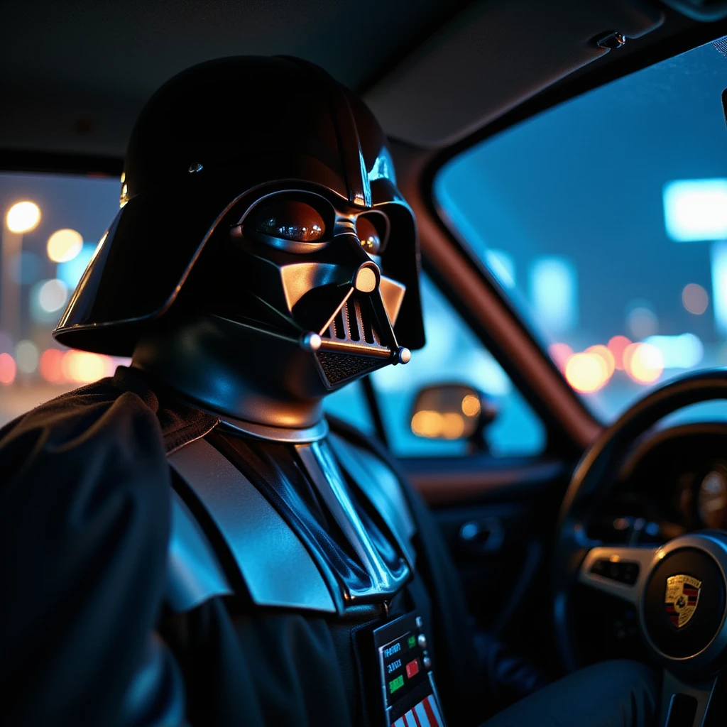 Cinematic shot of a Darth vader sitting in porsche 911, blue and orange lights, full car shot emoji