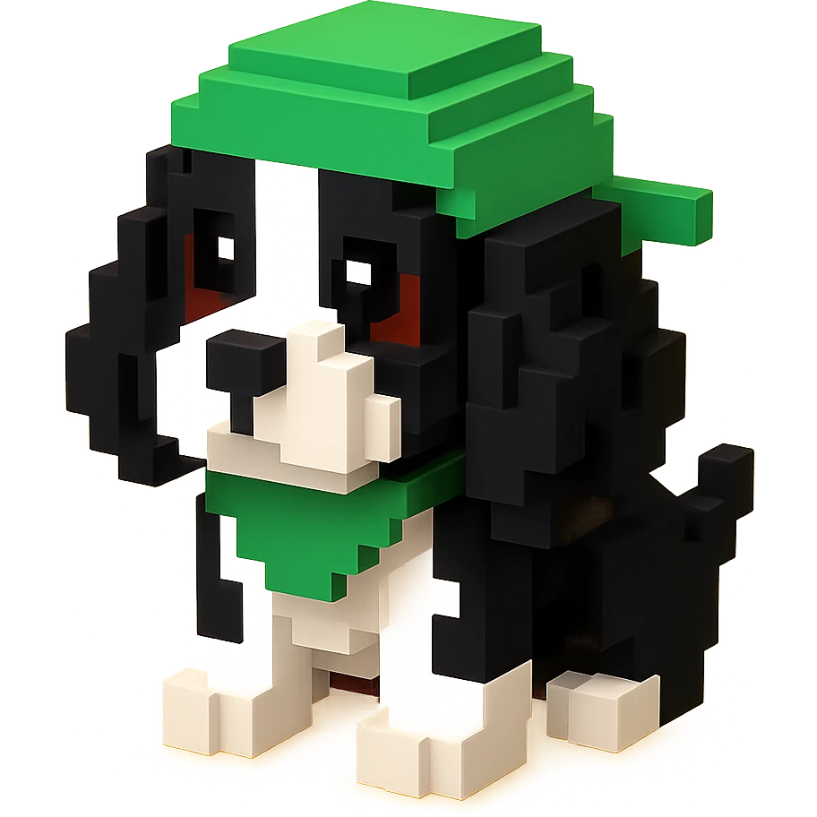 A black and white Russian Cocker Spaniel puppy wearing a green durag, voxel style, sitting emoji