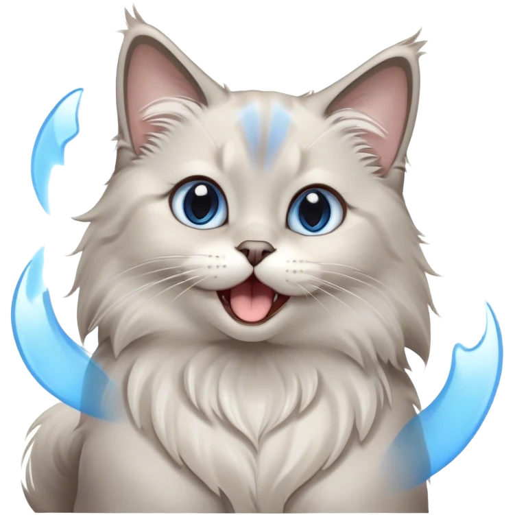 Cinematic Adorable Fluffy Light Grey Mantle Ragdoll Cat Portrait Emoji, Head tilted cutely with big, sparkling blue eyes, soft light grey fur with darker points on the ears, face, and paws, Simplified yet irresistibly adorable features, highly detailed, glowing with a soft, warm glow, high shine, yawning in a peaceful and playful manner, stylized with a touch of whimsy, bright and endearing, soft glowing outline, capturing the essence of a relaxed and loving kitten, so cute it feels like it could leap out of the screen and stretch into a cozy nap! emoji