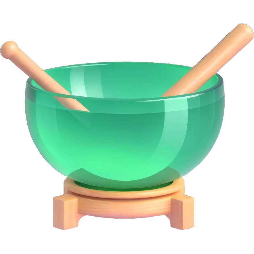 green crystal singing bowl with a mallet resting inside, sparkling and translucent, minimalistic style emoji