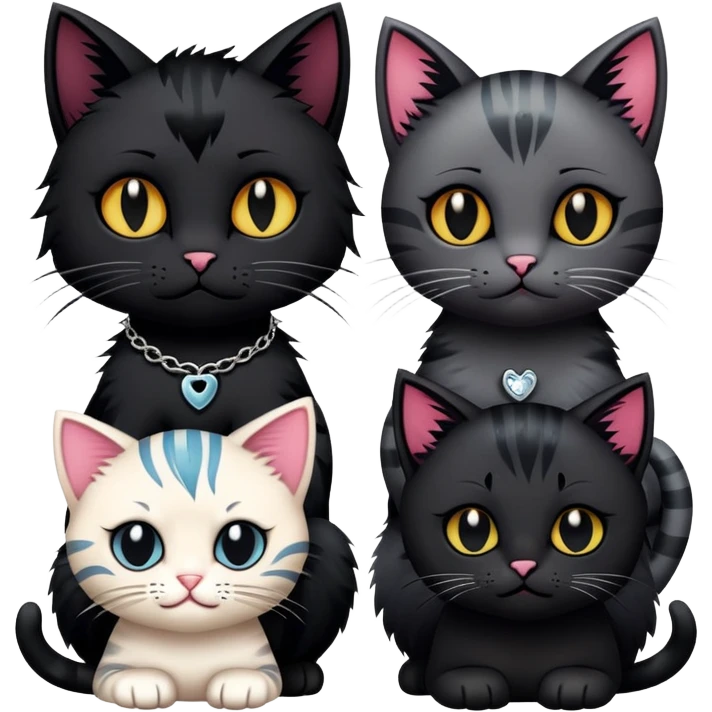 three emo cats in love with tattoos and cool hair, plus five emo kittens emoji