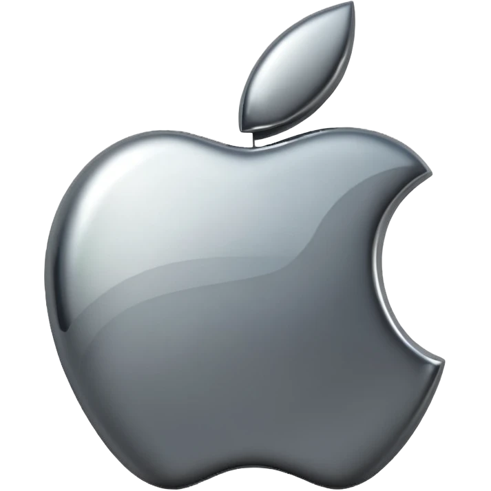 Metallic Apple logo emoji icon, chrome surface, sharp reflections, dark background, centered emoji