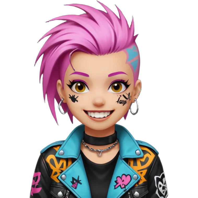 a punk girl with dyed hair and wear a punk graffiti jacket with black choker grin playfully  emoji