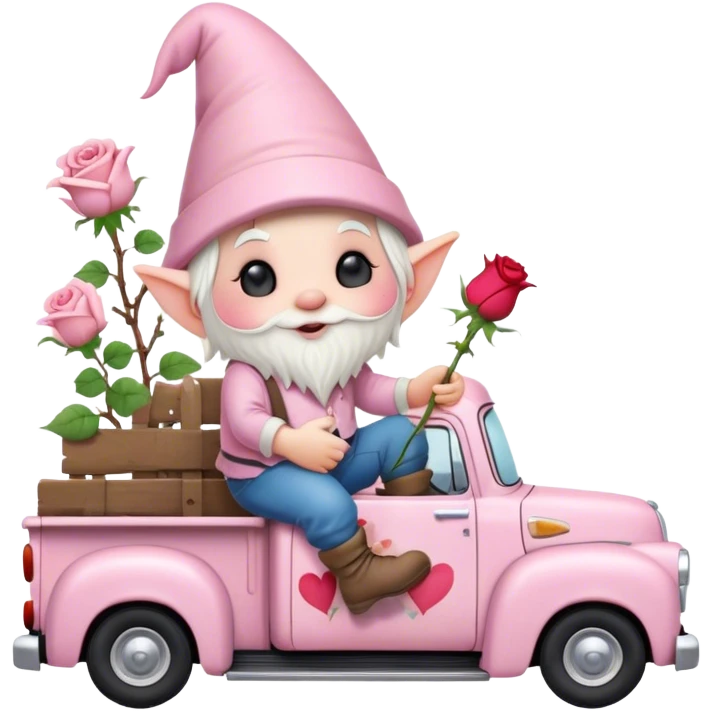 An adorable little pale pink Valentine’s Day style gnome with a rose and hearts in the background riding in the back of a beat up old pick up truck emoji