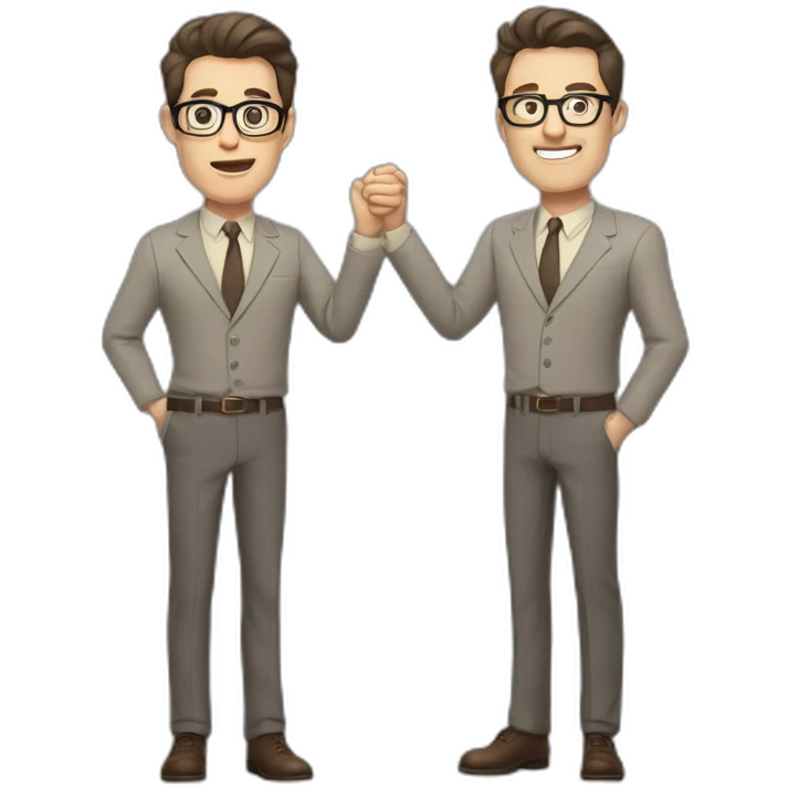 Full height Actively gesturing with hands Pale skinned fit man with dark brown hair in gray jacket, beige office shirt, brown tie, brown pants and vintage glasses. emoji
