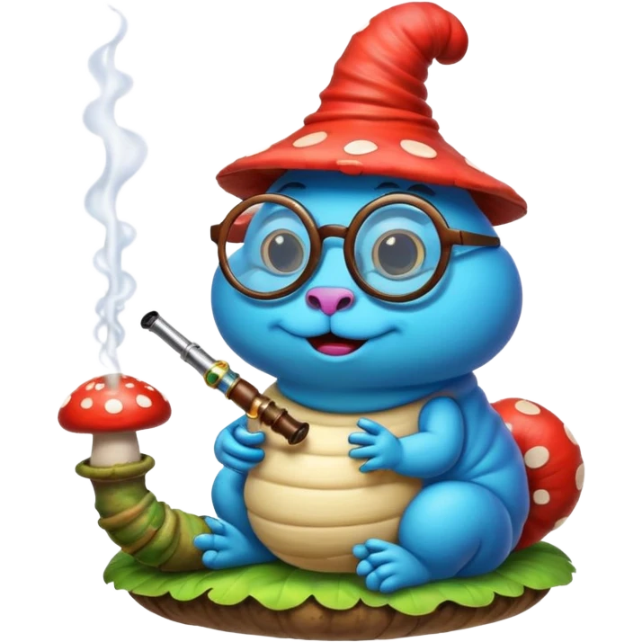 blue caterpillar with round glasses smoking a hooka pipe on top of a mushroom emoji