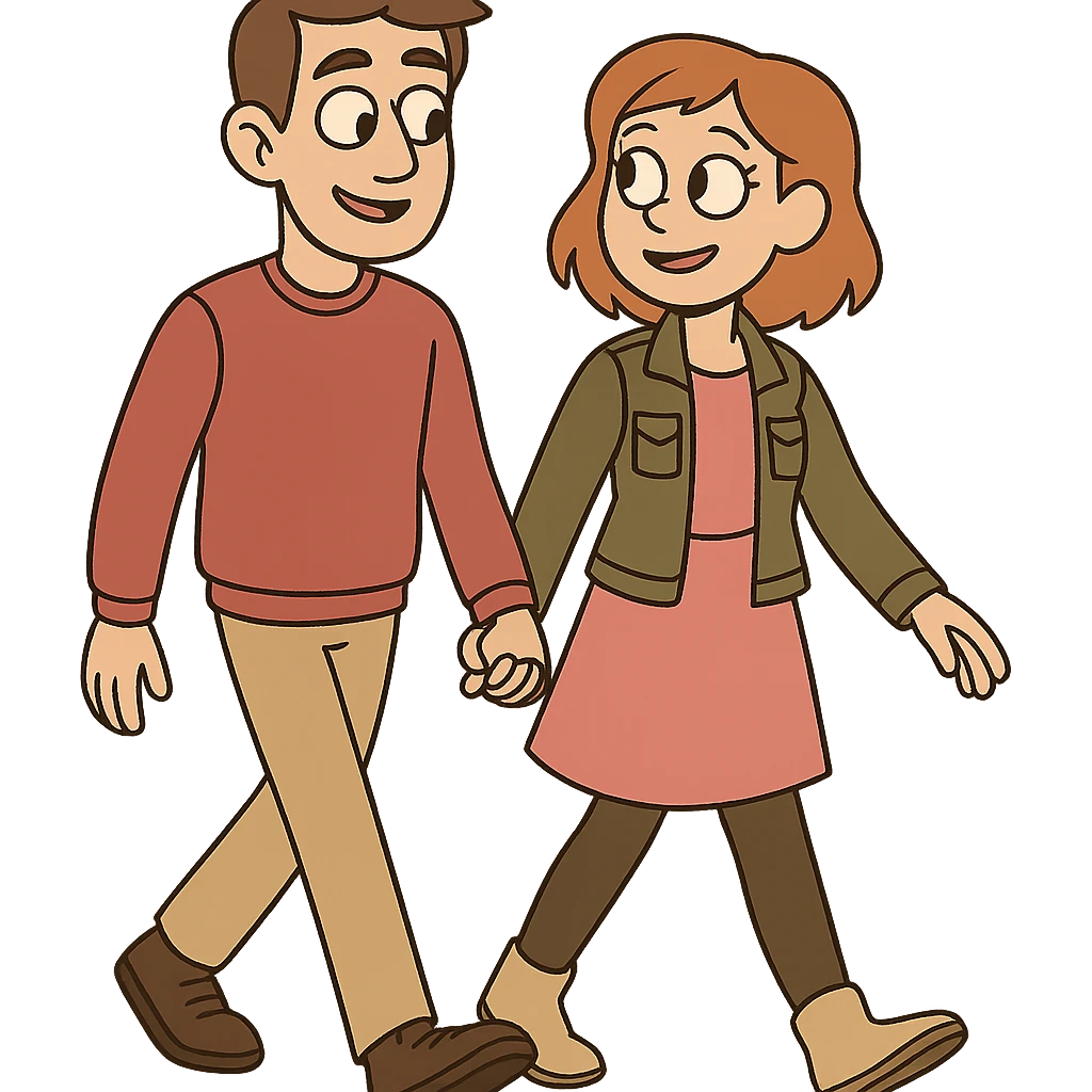 Sticker of Sasha and Yulia, two young lovers, in a flat toon style. They are walking together, holding hands, with a simple and clean design. emoji