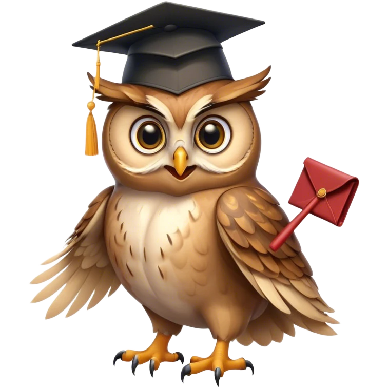 Owl smiling with graduation hat and diploma in claws emoji