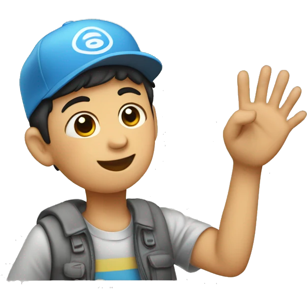 Un niño saludando con la mano y con gorra emoji