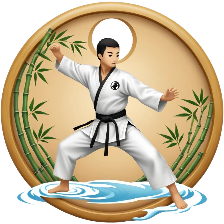 An icon symbolizing Eastern martial arts in the style of an emblem, featuring a black-and-white Yin-Yang symbol at the center. A martial artist is performing a fluid kick, surrounded by elements like a dojo and bamboo. Transparent background highlights balance and harmony. emoji