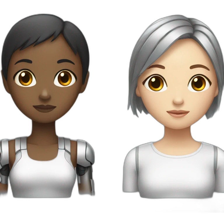 Black girl and Asian girl whose body is robot emoji