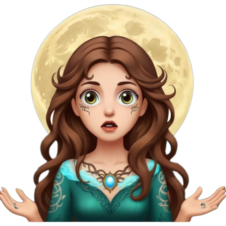 shocked forest mystic woman long wavy brown hair tattoos wide eyes moon glow emoji