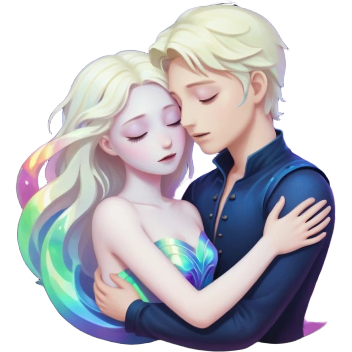 Two lovers surrounded by collapsing magic light, tragic dark fantasy romance emoji