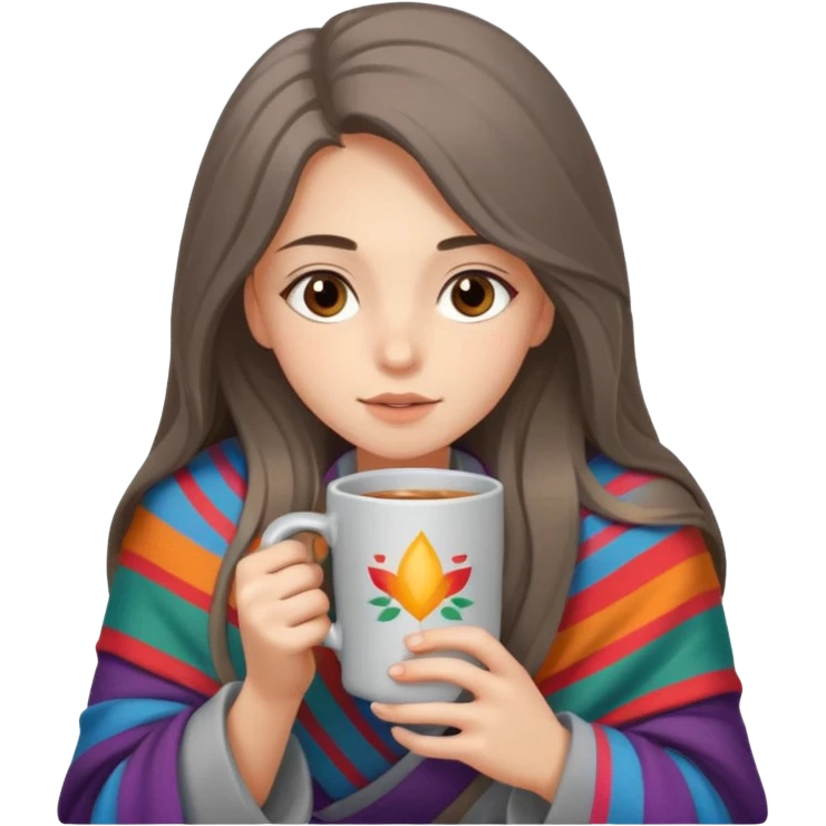 Brown-eyed, fair-skinned girl with long hair down to her shoulders, wrapped in a gray blanket, drinking from a New Year's mug emoji