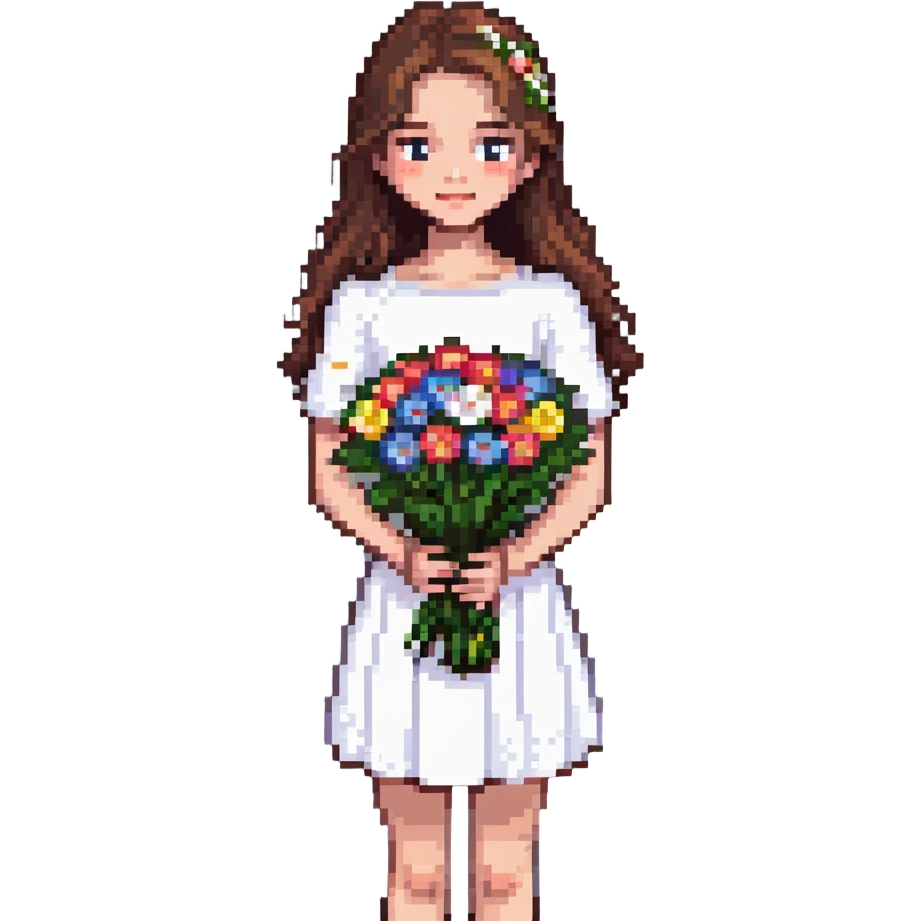 girl with brown hair wearing a white skirt holding a bouquet of flowers emoji