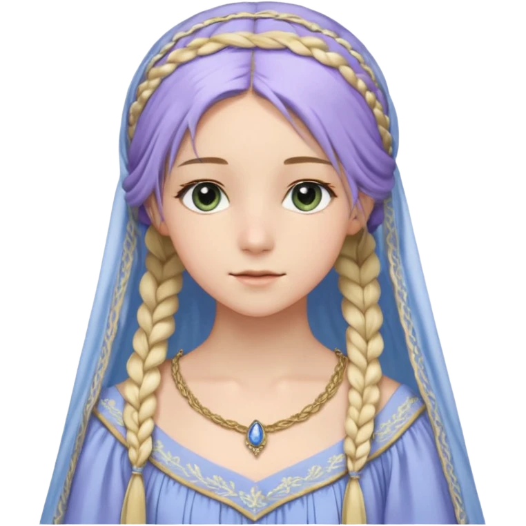 Joven de unos 20 años, de aspecto dulce y elegante.
Piel clara, ojos (pueden ser azules o verdes)
Rubio o castaño claro, largo, con trenzas o velo.
Vestido largo de tonos suaves (blanco, azul o lavanda), con bordados dorados; un manto o toca fina cubriendo la cabeza. Todo el cuerpo emoji