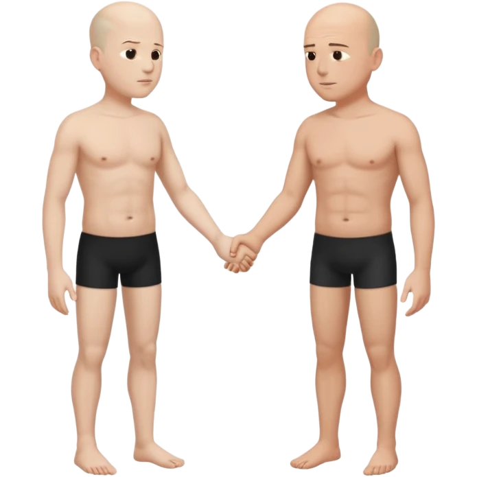 Dois rapazes brancos, um de cabelo escuro e outro sem cabelo, um de frente para o outro, sem roupas, um segurando a mão do outro emoji