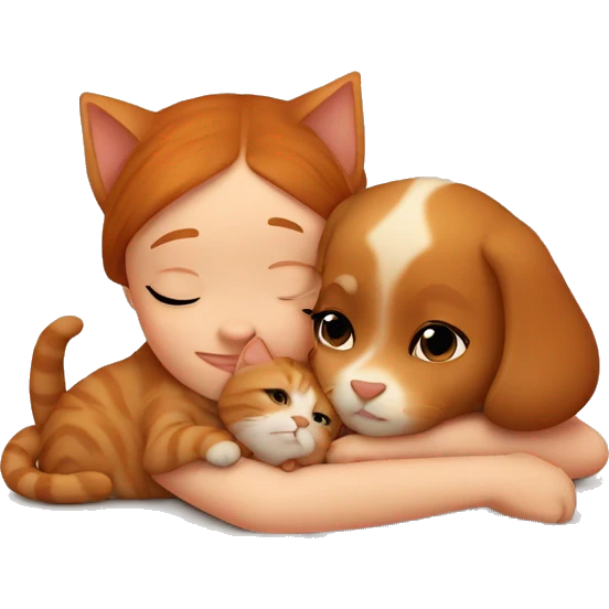 Small cute Ginger cat cuddling cute brown girl puppy emoji