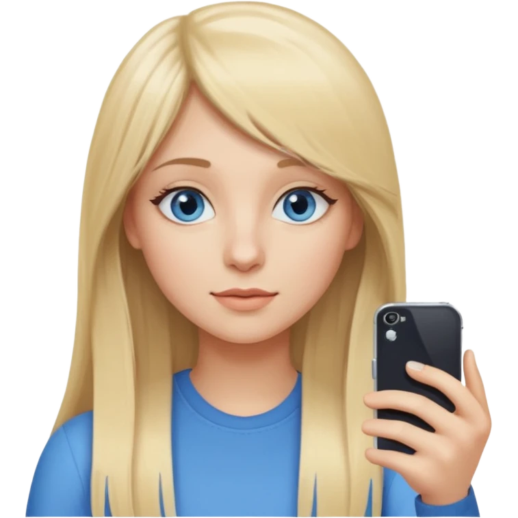young woman with long straight blond hair, side bangs, and blue eyes. She is taking a selfie with her iphone emoji