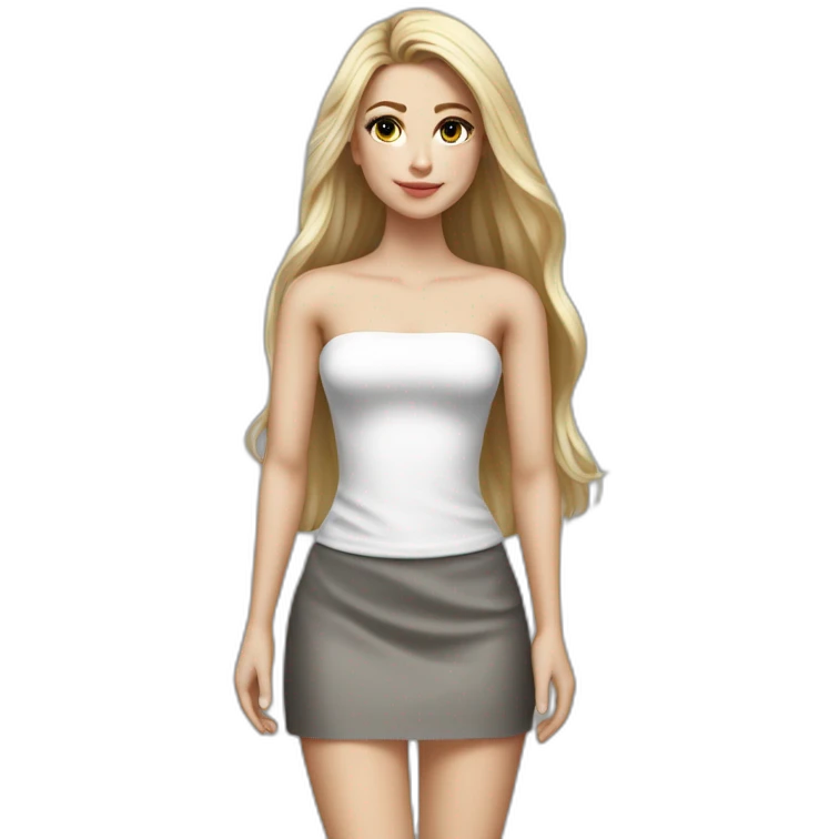 hyperrealist caucasian long hair blonde brown eyes strapless white top gray tight mini skirt black shoes full body emoji
