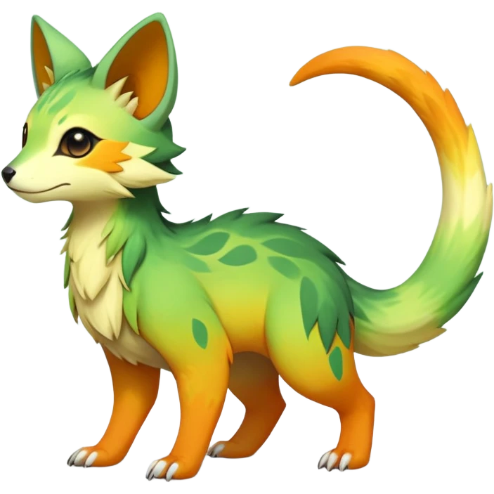Rare realistic exotic warm-green warm-orange warm-yellows pastel gradients cute epic pretty beautiful handsome gorgeous aesthetic colorful vibrant Vernid-Trico-species-Fakemon-creature by LiLaiRa, 4 legs, 1 tail, random markings, (full body) emoji