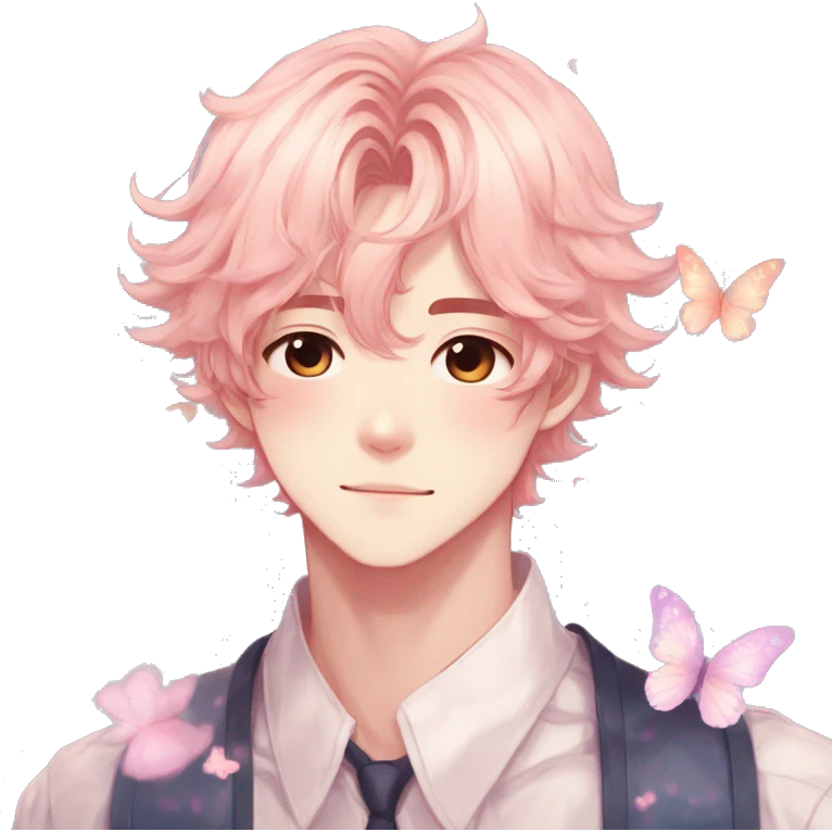 Gorgeous pastel anime style shojo man with blushing face and butterflies aesthetic and pretty hair trending style emoji