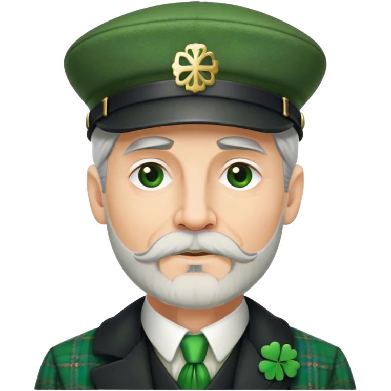 Tall grey haired man with goatee wearing a green peaky hat and kilt st. Patrick’s Day emoji