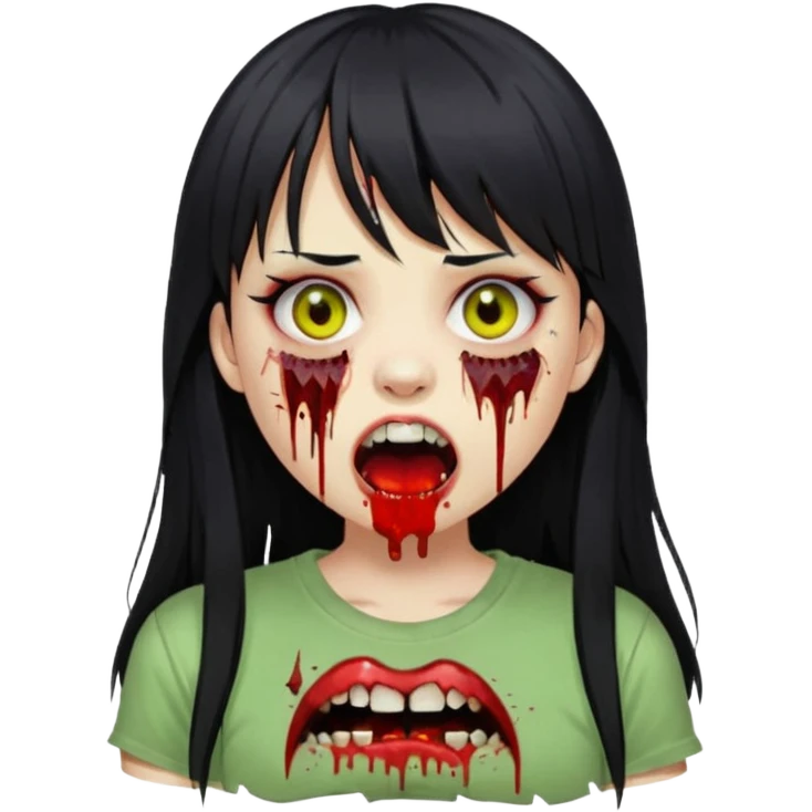 Garota de cabelo longo e preto com franja. com a pele esverdeada e ferimentos expostos cobertos com sangue. usa uma camiseta branca rasgada e suja. Está com a boca aberta e seus dentes estão amarelados. emoji