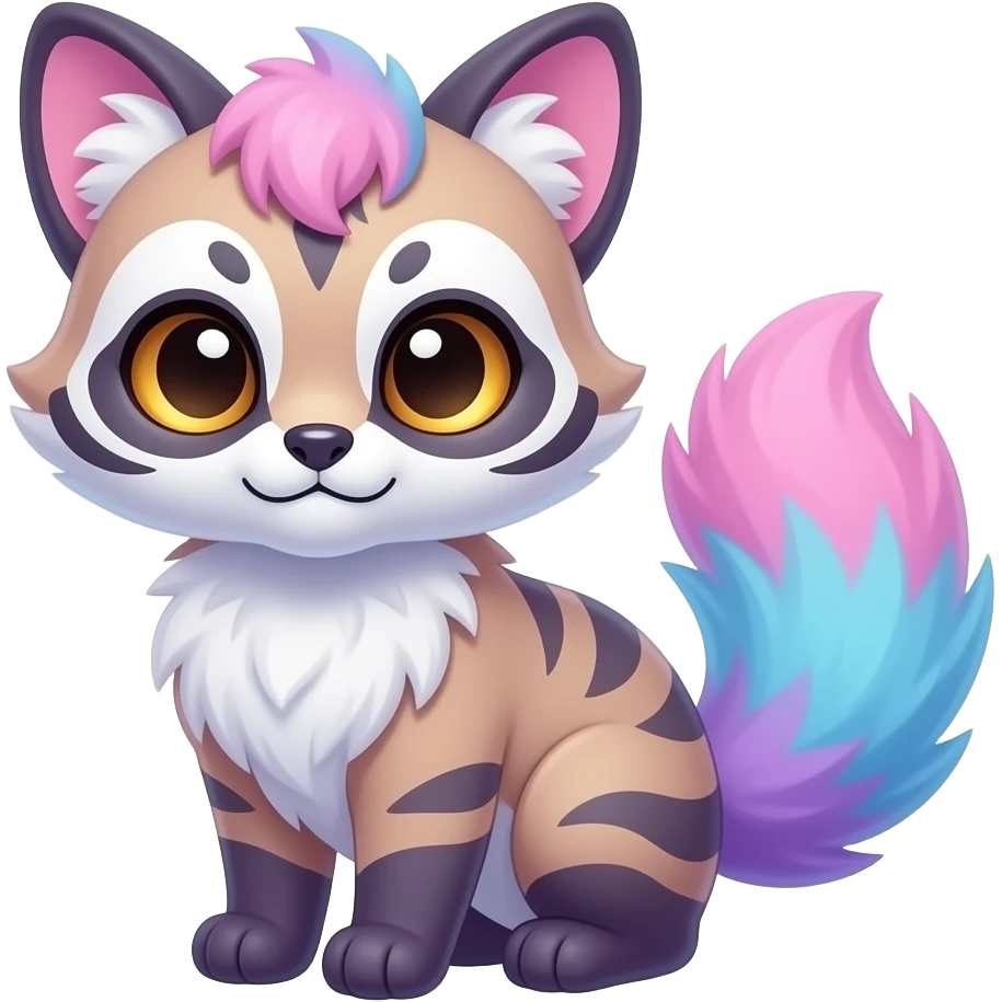 Cute kawaii cool edgy badass pastel cotton-candy pink-blue-purple gradient fluffy fur fantasy-civet-genet-vernid-Cacomistle-Trico-oncilla-Eevee-animal-Fakémon-hybrid-fursona (full body), facial markings, (realism style) emoji