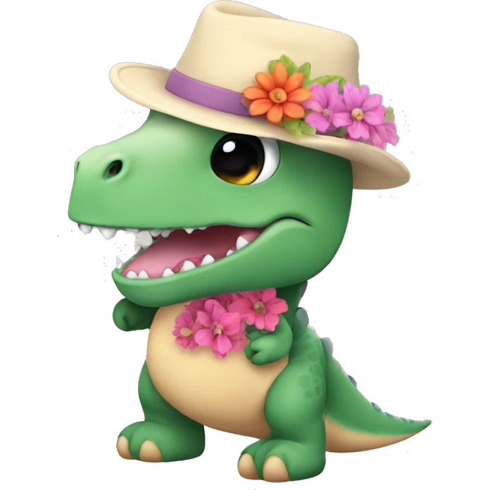 Dinosaur Pimpus with hat and flowers in hand plushy  emoji