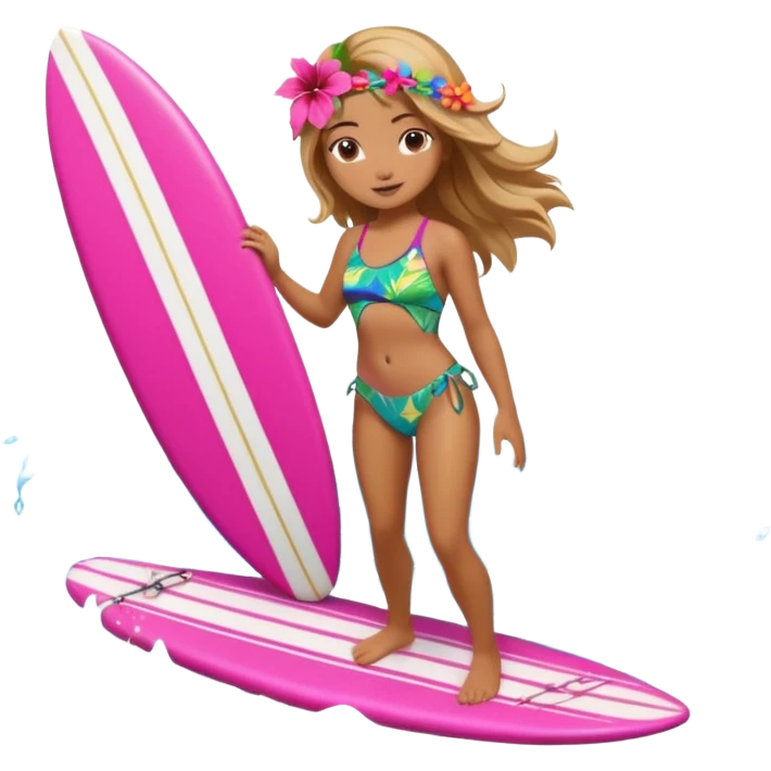 cute female surfer riding waves, hibiscus flower in hair, tropical swimsuit, colorful surfboard with Hawaiian patterns, water splash, 3D cartoon, mobile game icon style, clean background, no text emoji