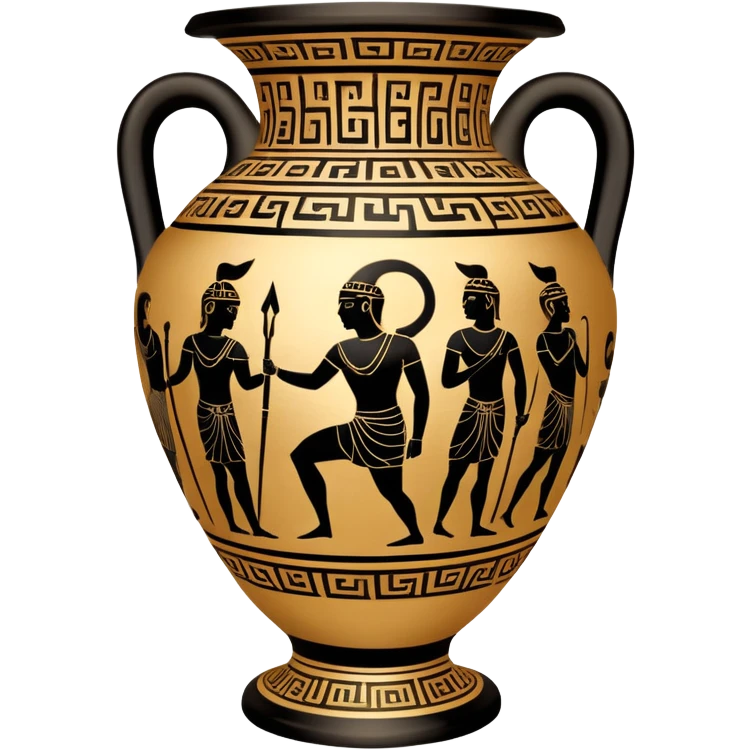 Cinematic-realistic Grecian urn, an exquisite black-figure pottery masterpiece resting in the dim glow of an ancient temple. Intricate golden depictions of gods and warriors encircle its curved form, telling timeless myths of heroism and tragedy. The polished ceramic surface reflects flickering torchlight, while faint wisps of dust drift in the air, whispering echoes of a long-lost civilization. emoji