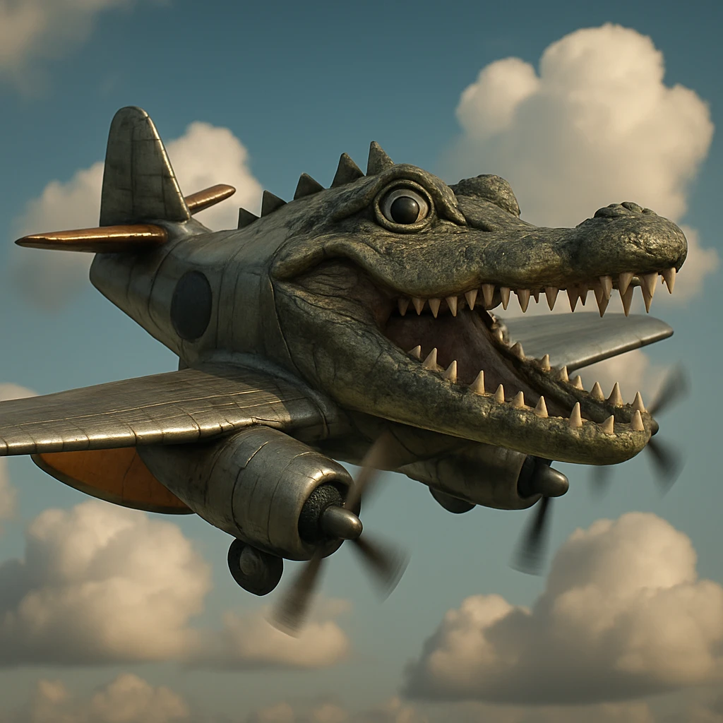 Make this crocodile shaped like a bomber plane realistic with lifelike crocodile skin, metallic bomber plane body, detailed, and photorealistic style. emoji