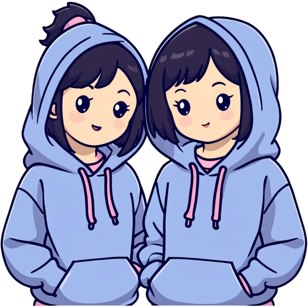 Two adorable Japanese girls with black hair wearing casual Western clothing like hoodies or blouses, their cheeks touching, kawaii style emoji