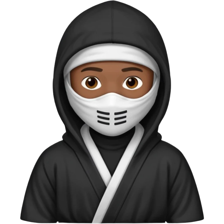 All white ninja robe with white ski mask to cover face and neck with a hoodie on and dark brown skin color emoji