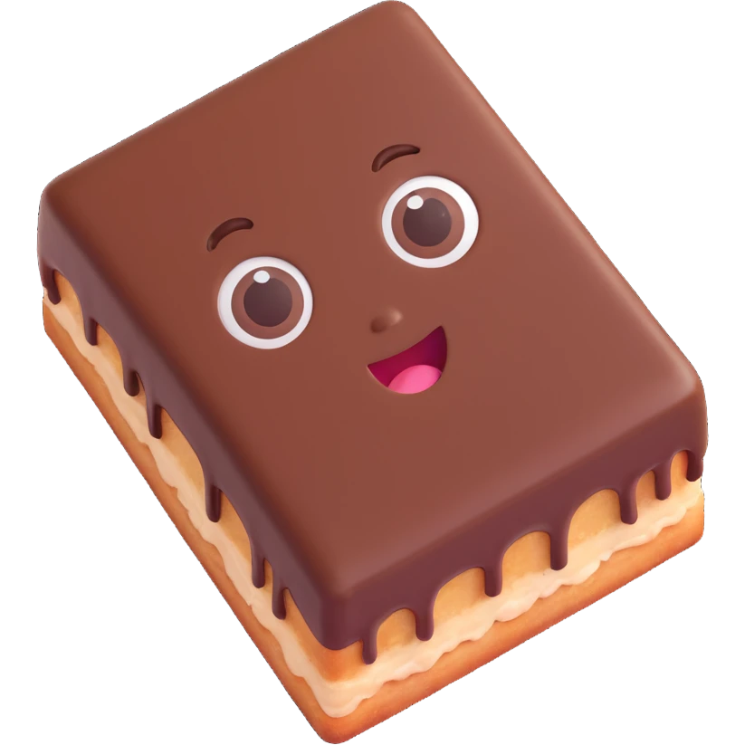 Rectangular chocolate mini pastry, slightly tilted, squished chocolate, crazy wide eyes, open mouth, text above: "ПАСТИЧКА", chibi style, Twitch emoji style, transparent background, colorful emoji