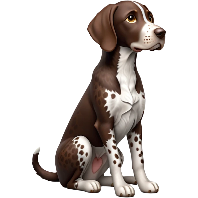 cinematic-[german pointer]-realistic-full-body-sitting-emoji,-tail-resting-loosely-beside-its-paws,-head-tilted-dramatically,-sleek-[brown and white spotted]-fur,-simplified-yet-realistic-focused-features,-highly-detailed,-glowing-with-an-almost-sarcastic-glow emoji